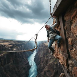 A man hanging from a very high, broken suspension bridge above a deep canyon