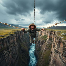 A man hanging from a very high, broken suspension bridge above a deep canyon