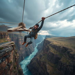 A man hanging from a very high, broken suspension bridge above a deep canyon