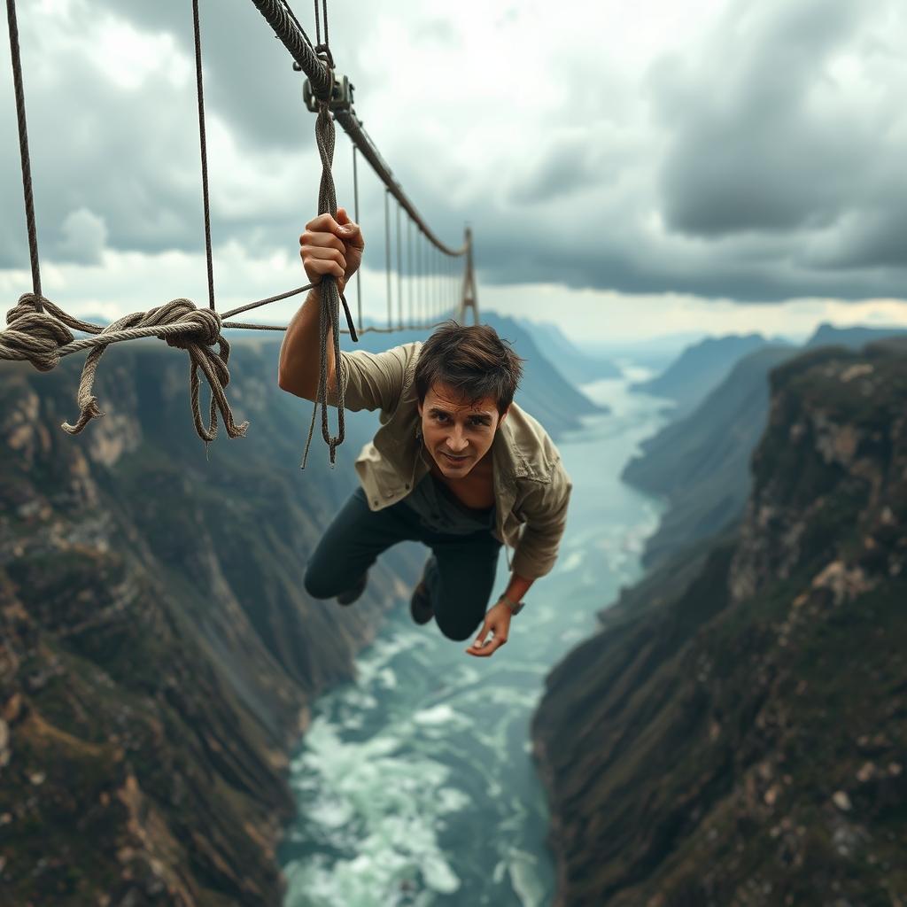 Tom Cruise hanging from a very high, broken suspension bridge, situated above a vast, dramatic landscape