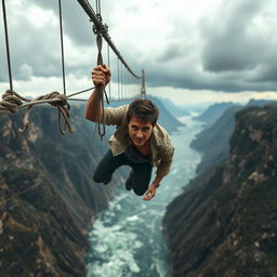 Tom Cruise hanging from a very high, broken suspension bridge, situated above a vast, dramatic landscape