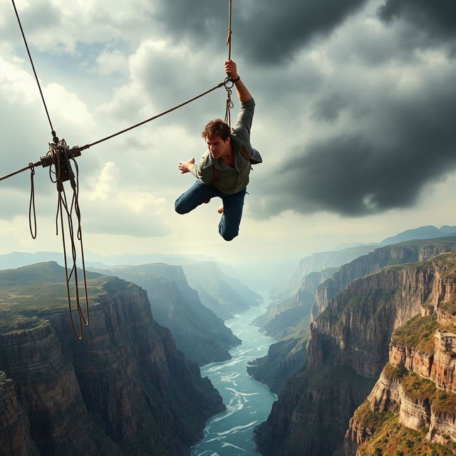 Tom Cruise hanging from a very high, broken suspension bridge, situated above a vast, dramatic landscape