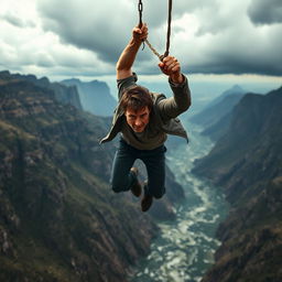 Tom Cruise hanging from a very high, broken suspension bridge, situated above a vast, dramatic landscape