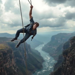 Tom Cruise hanging from a very high, broken suspension bridge, situated above a vast, dramatic landscape