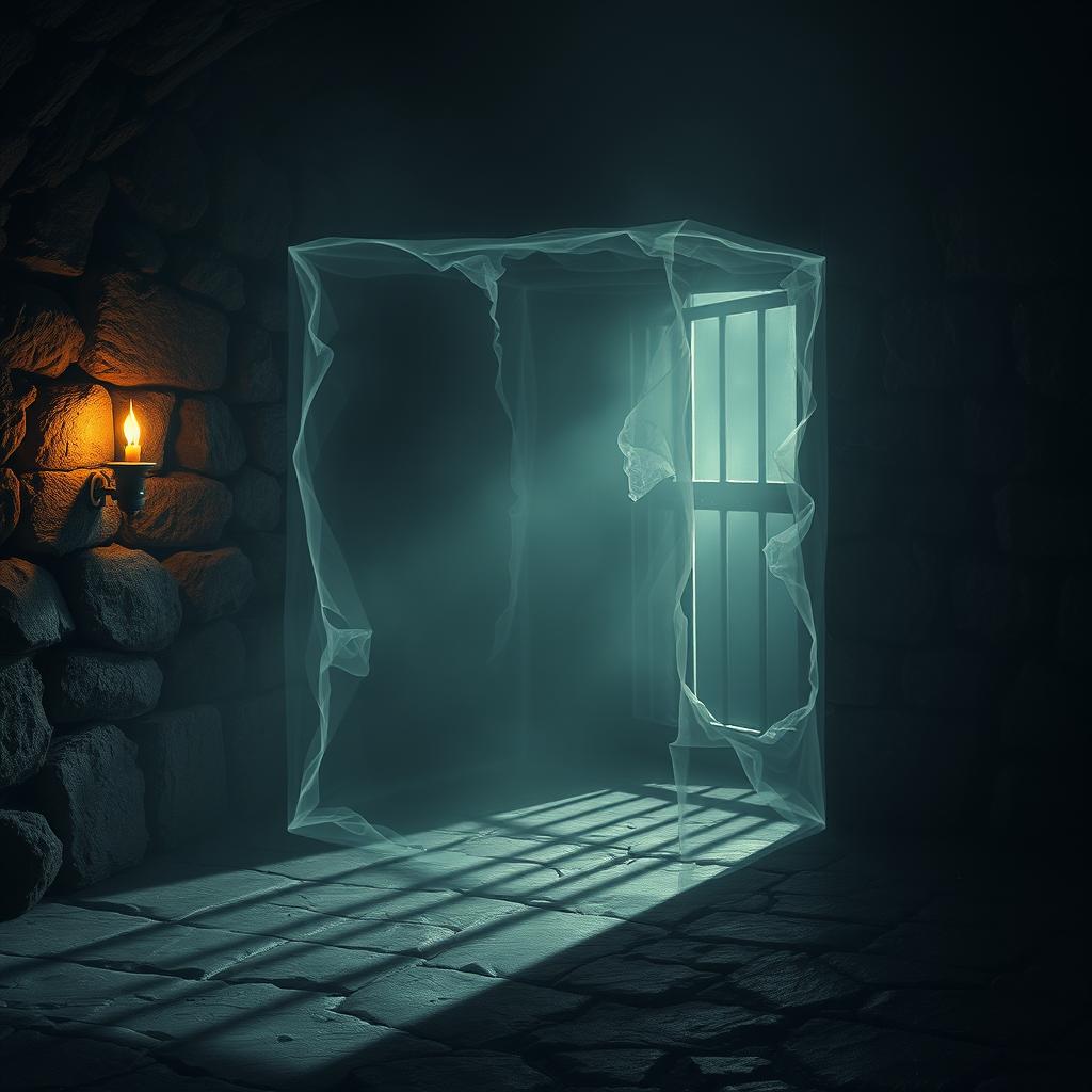 A mysterious and ethereal invisible prison cell, with a faint outline shimmering in the air, set in a dimly lit dungeon environment