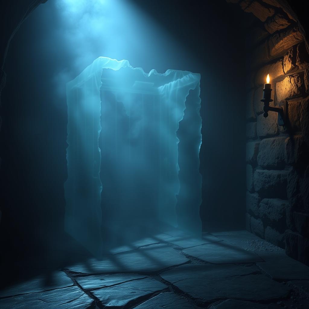 A mysterious and ethereal invisible prison cell, with a faint outline shimmering in the air, set in a dimly lit dungeon environment