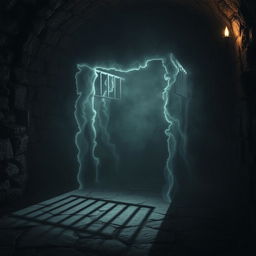 A mysterious and ethereal invisible prison cell, with a faint outline shimmering in the air, set in a dimly lit dungeon environment