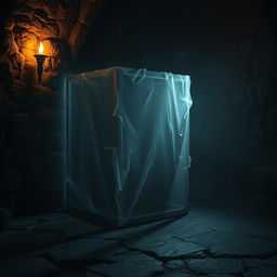 A mysterious and ethereal invisible prison cell, with a faint outline shimmering in the air, set in a dimly lit dungeon environment