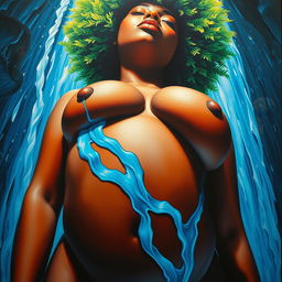 A polished, oil-based painting depicting a full nude macro worm's eye view up close of the body of a gorgeous black woman with a vivid green tree afro