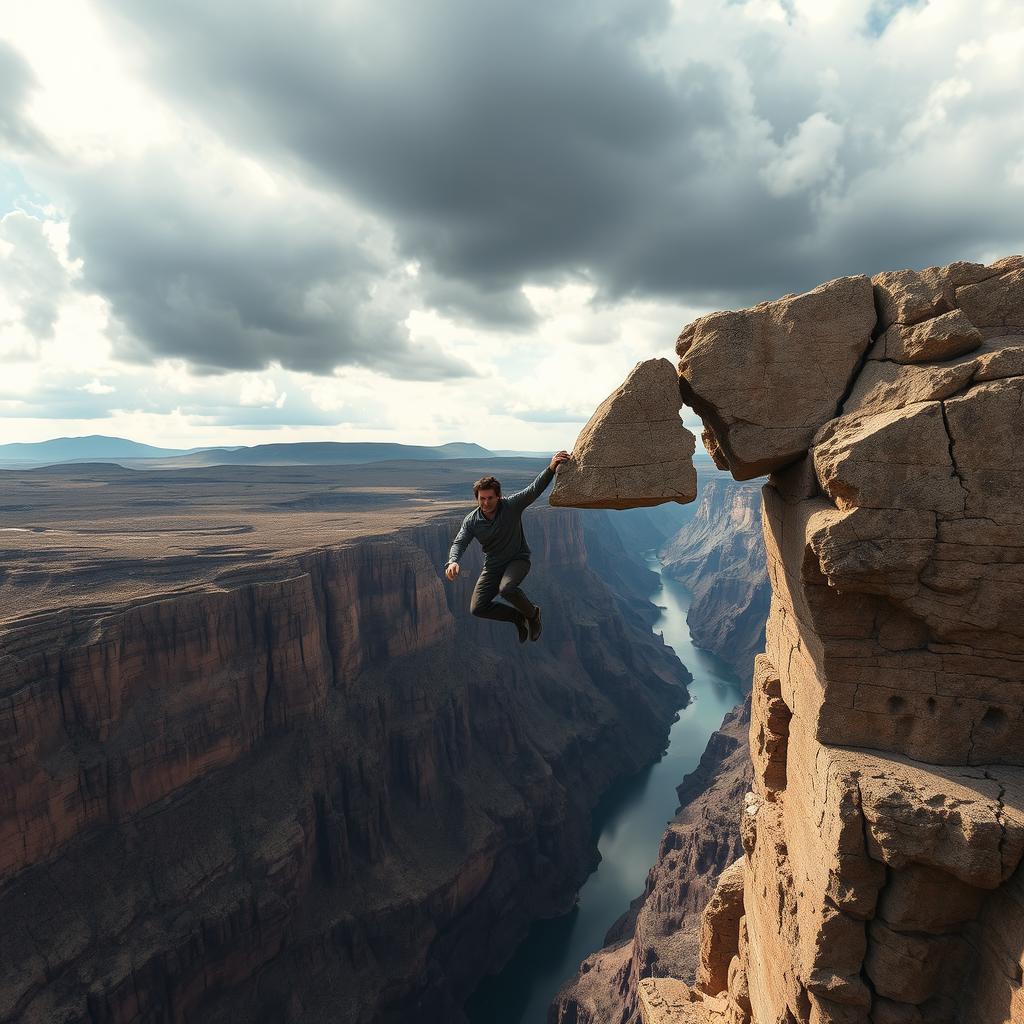 Tom Cruise hanging from a very high, broken stone bridge, suspended over a dramatic landscape