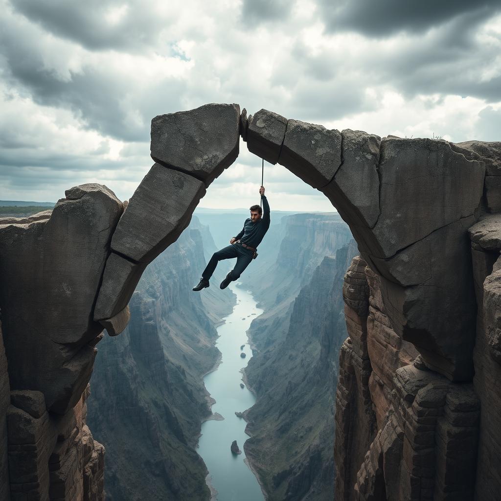 Tom Cruise hanging from a very high, broken stone bridge, suspended over a dramatic landscape