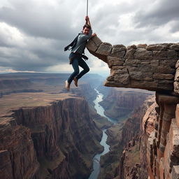 Tom Cruise hanging from a very high, broken stone bridge, suspended over a dramatic landscape