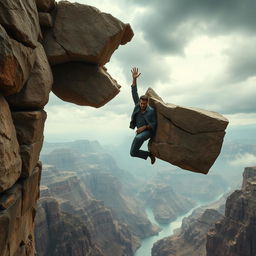 Tom Cruise hanging from a very high, broken stone bridge, suspended over a dramatic landscape