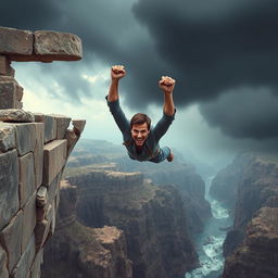 Tom Cruise hanging with both hands from a very high, broken stone bridge, suspended above a dramatic and vast landscape