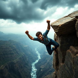 Tom Cruise hanging with both hands from a very high, broken stone bridge, suspended above a dramatic and vast landscape