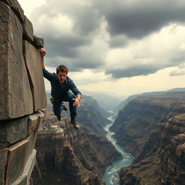 Tom Cruise hanging with both hands from a very high, broken stone bridge, suspended above a dramatic and vast landscape