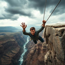 Tom Cruise hanging with both hands from a very high, broken stone bridge, suspended above a dramatic and vast landscape