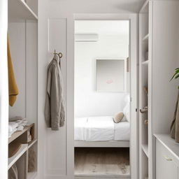 A small, aesthetically pleasing white bedroom with a window letting in natural light and an attached dressing room with stylish decor