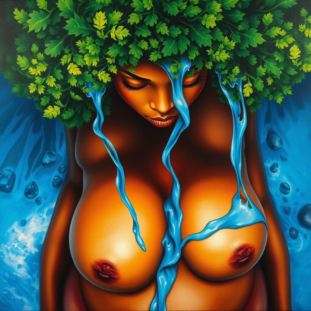 A polished, oil-based painting portraying a full nude macro worm's eye view, up close body aerial view of a gorgeous black woman with a bright green tree afro and beautiful breasts, featuring a big booty