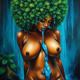 A polished, oil-based painting with a macro worm's-eye view of a gorgeous black woman with a bright green tree-like afro, beautiful breasts, and a big booty