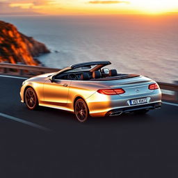 A luxurious Mercedes CLS Convertible driving through a scenic coastal road at sunset