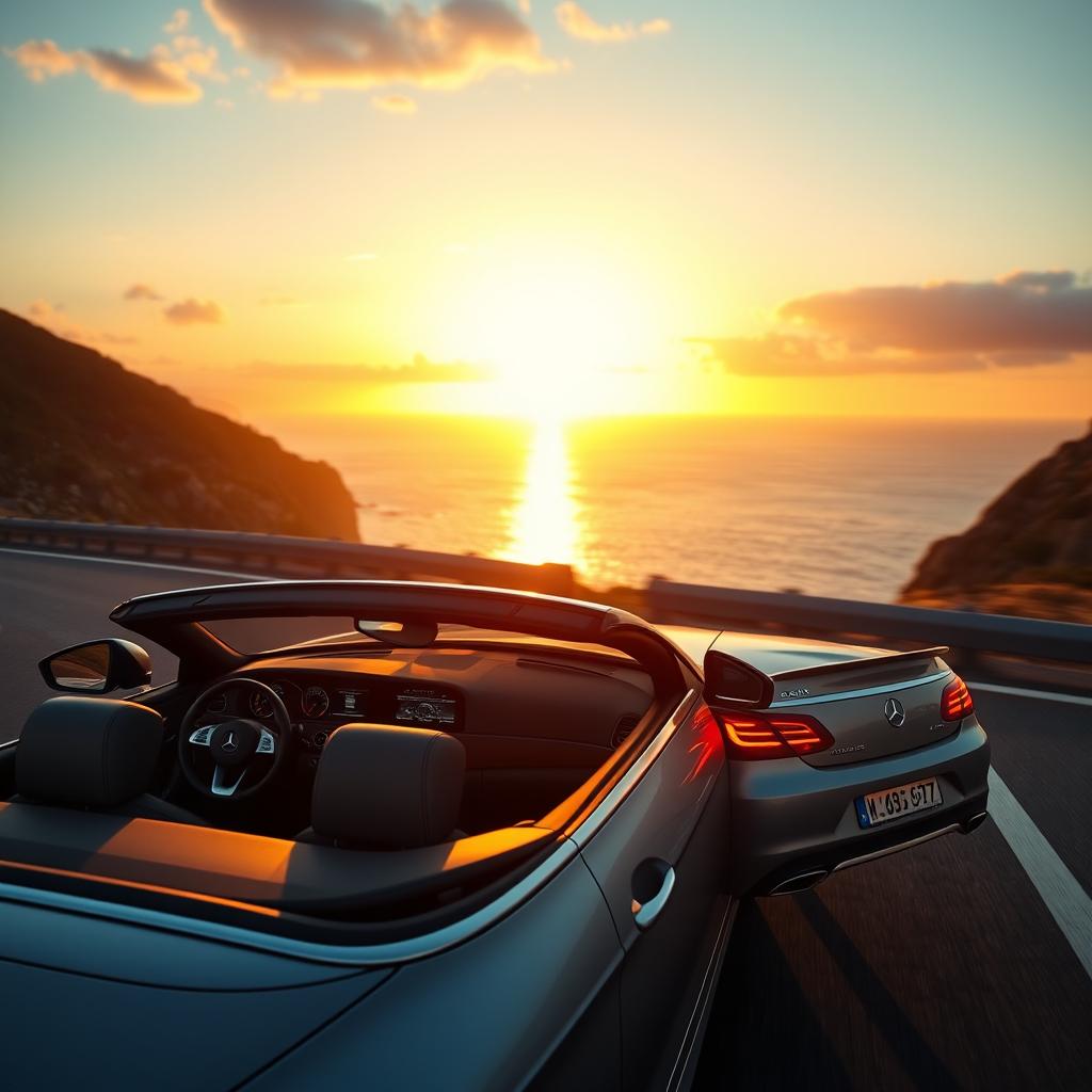 A luxurious Mercedes CLS Convertible driving through a scenic coastal road at sunset