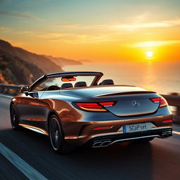 A luxurious Mercedes CLS Convertible driving through a scenic coastal road at sunset