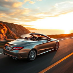 A luxurious Mercedes CLS Convertible driving through a scenic coastal road at sunset