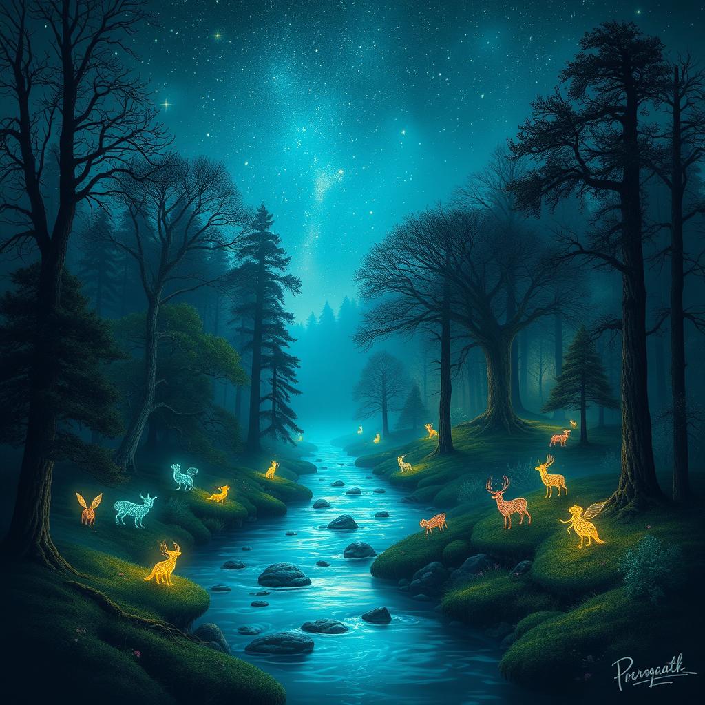 Mystical forest with glowing trees and enchanted creatures, a serene river flowing through, under a starry night sky filled with shooting stars