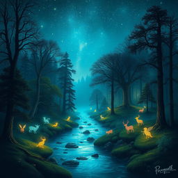 Mystical forest with glowing trees and enchanted creatures, a serene river flowing through, under a starry night sky filled with shooting stars