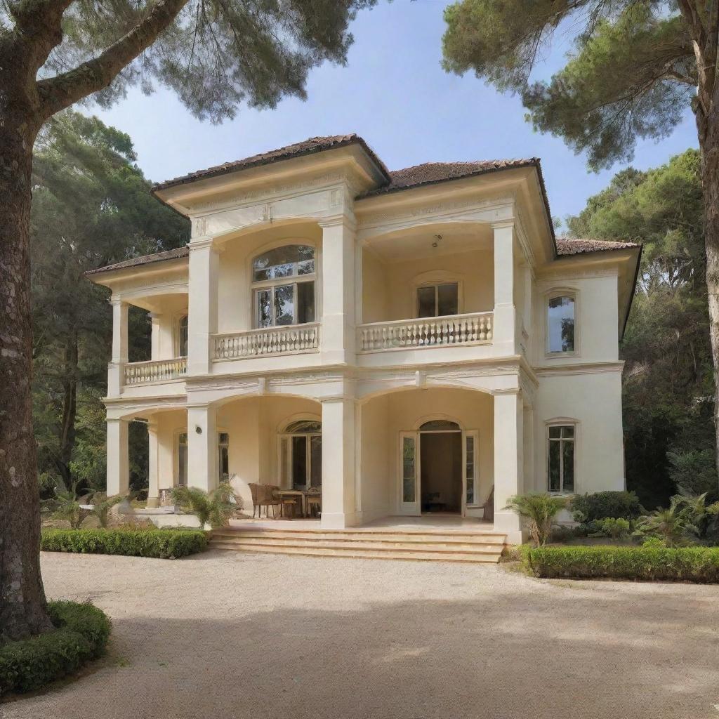 The humble house has transformed into a grand mansion, with classic architectural elements, coated in a warm cream color, majestically situated either in a luxuriant forest or along a pristine beach.