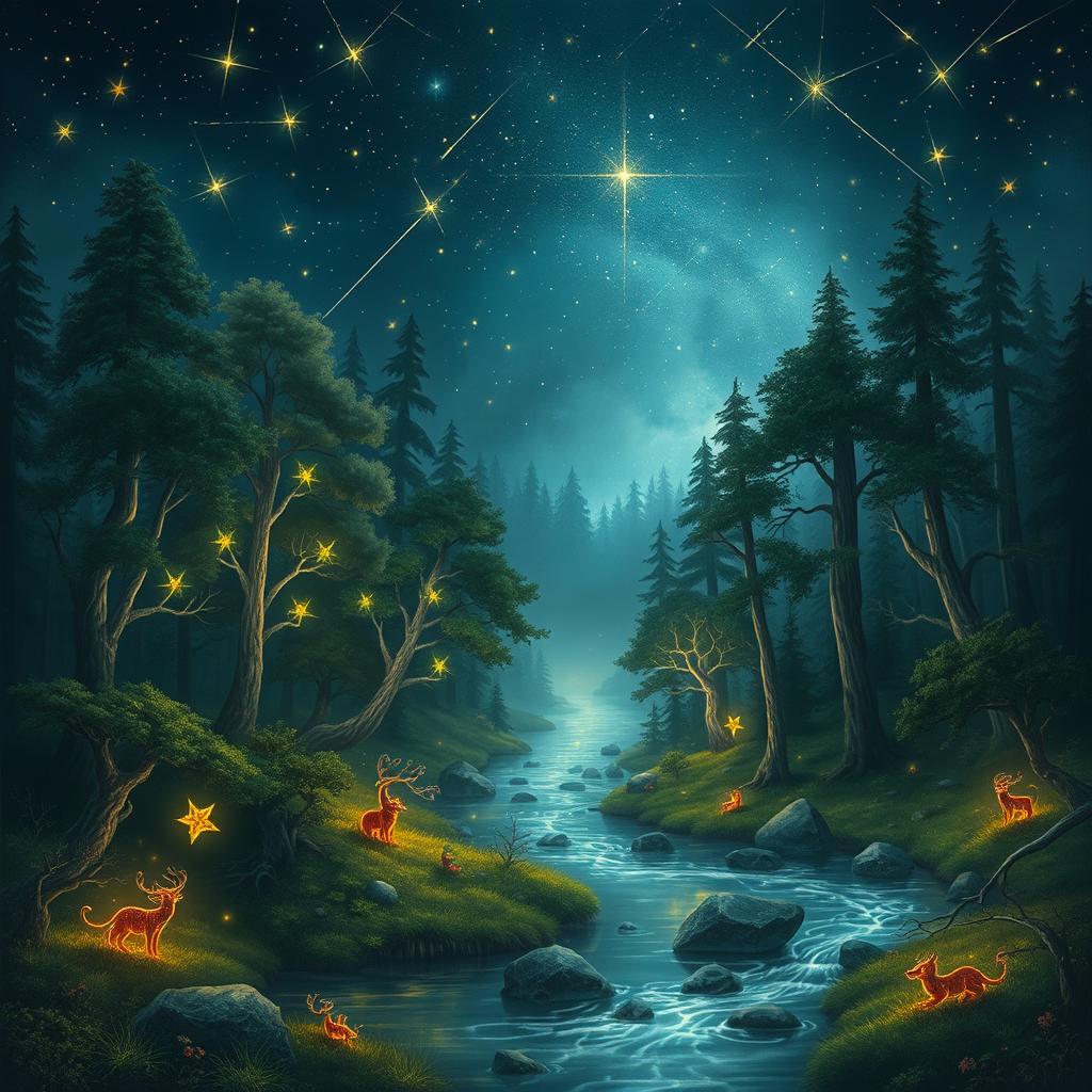 Mystical forest with glowing trees and enchanted creatures, a serene river flowing through, under a starry night sky filled with shooting stars