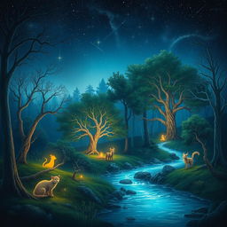 Mystical forest with glowing trees and enchanted creatures, a serene river flowing through, under a starry night sky filled with shooting stars