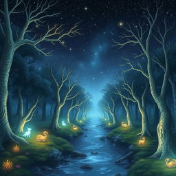 Mystical forest with glowing trees and enchanted creatures, a serene river flowing through, under a starry night sky filled with shooting stars