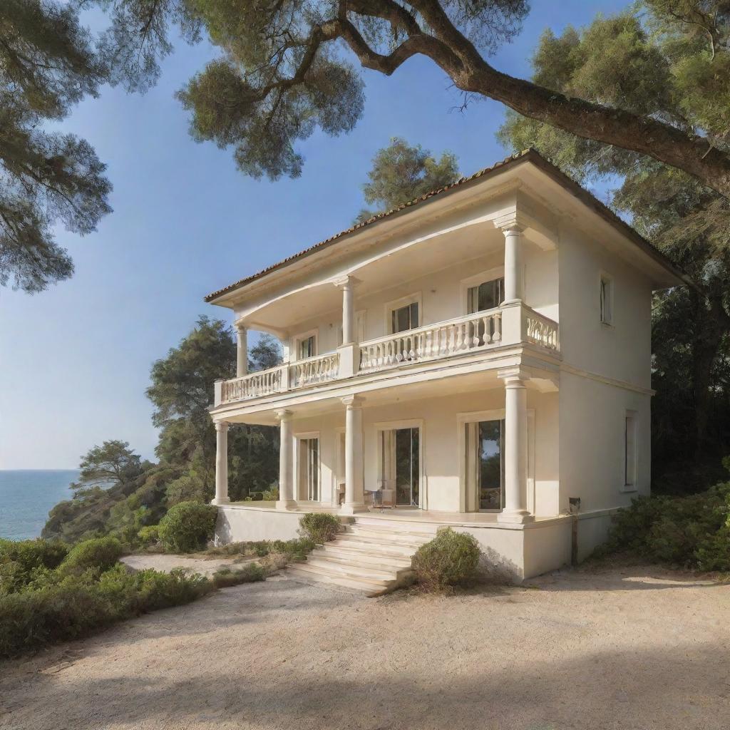 The humble house has transformed into a grand mansion, with classic architectural elements, coated in a warm cream color, majestically situated either in a luxuriant forest or along a pristine beach.