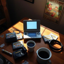 A nostalgic scene featuring a classic Nintendo DS console on a wooden table, surrounded by game cartridges like Mario Kart DS, Animal Crossing: Wild World, and Pokémon Diamond