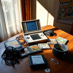 A nostalgic scene featuring a classic Nintendo DS console on a wooden table, surrounded by game cartridges like Mario Kart DS, Animal Crossing: Wild World, and Pokémon Diamond