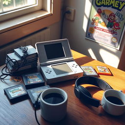 A nostalgic scene featuring a classic Nintendo DS console on a wooden table, surrounded by game cartridges like Mario Kart DS, Animal Crossing: Wild World, and Pokémon Diamond