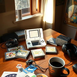 A nostalgic scene featuring a classic Nintendo DS console on a wooden table, surrounded by game cartridges like Mario Kart DS, Animal Crossing: Wild World, and Pokémon Diamond