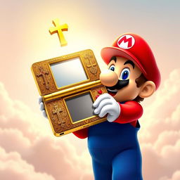 A YouTube cover image featuring Mario from the Nintendo universe, depicted in a vibrant and playful style, holding a Nintendo DS that appears very religious