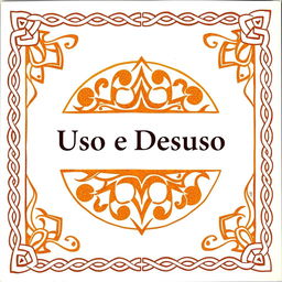 Centralize the text "Uso e Desuso" on a card featuring an intricate brown and orange design