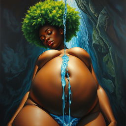 A polished, oil-based painting capturing a unique macro worm's eye view of a full nude, stunning black woman with a bright green tree afro