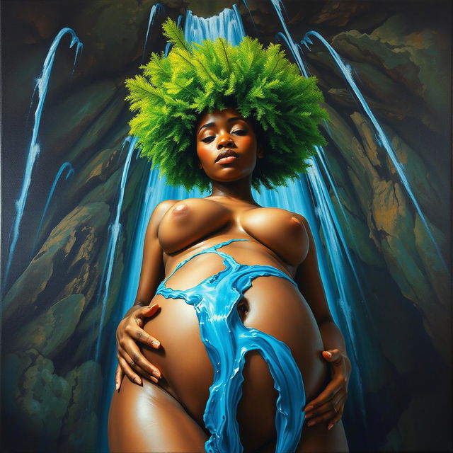 A polished, oil-based painting capturing a unique macro worm's eye view of a full nude, stunning black woman with a bright green tree afro