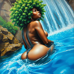 A polished, oil-based painting capturing a full nude macro worms-eye view of a gorgeous black woman with a bright green tree afro and beautiful breasts, sitting in a bright blue pond