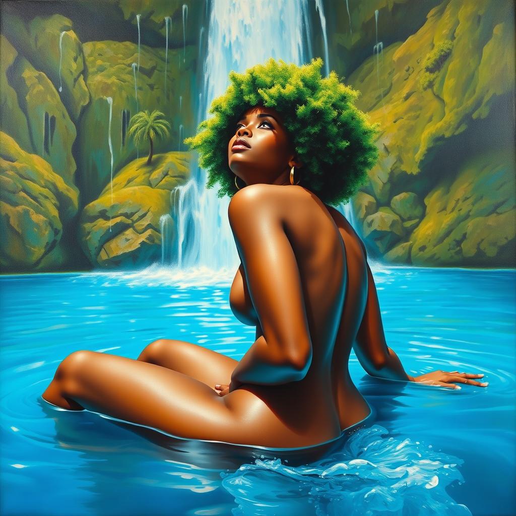 A polished, oil-based painting capturing a full nude macro worms-eye view of a gorgeous black woman with a bright green tree afro and beautiful breasts, sitting in a bright blue pond