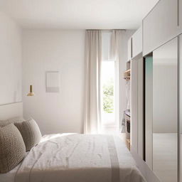 A small, aesthetically pleasing white bedroom with a window letting in natural light and an attached dressing room with stylish decor