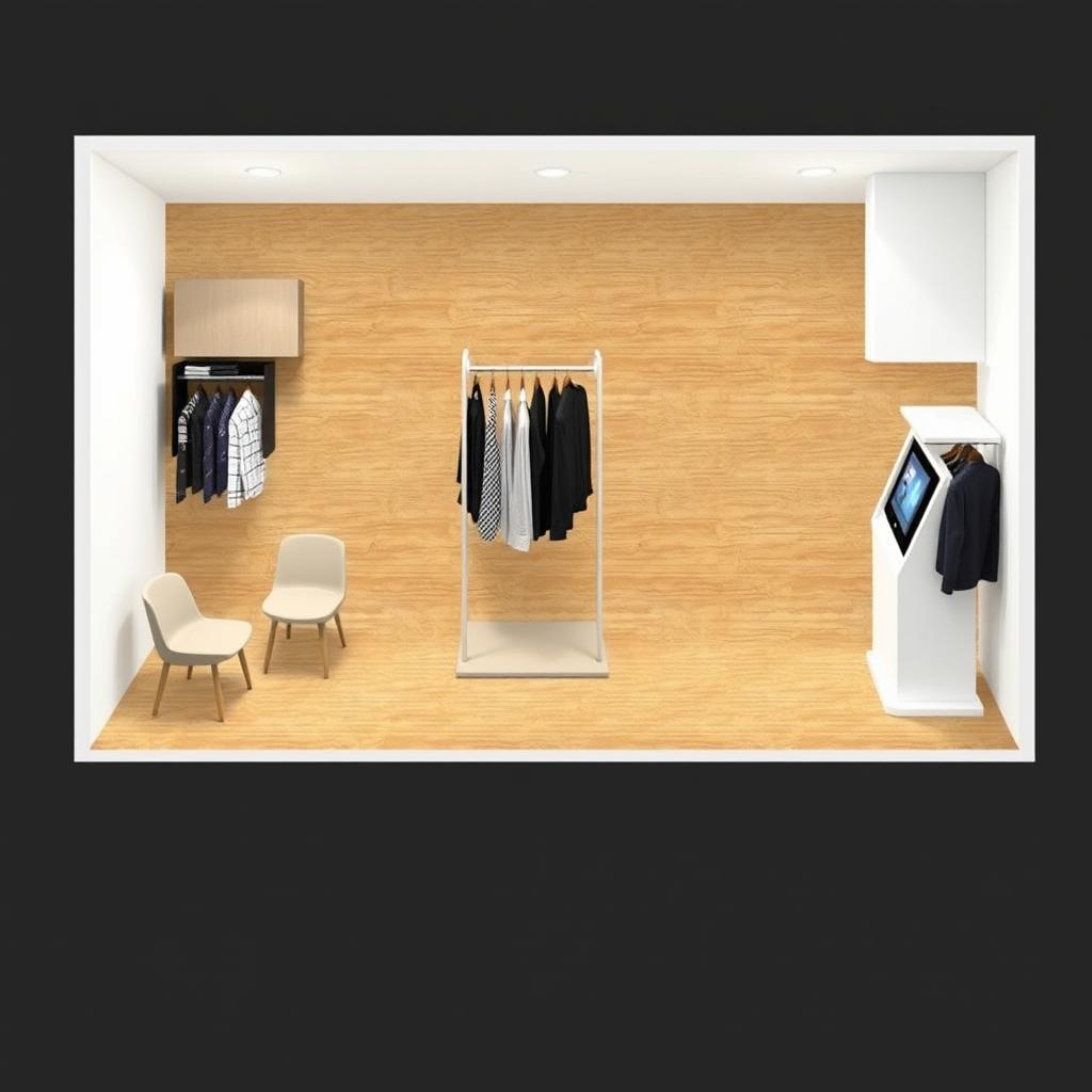 2D floor plan of a 3 meters by 3 meters booth for a minimalist and contemporary men's clothing brand