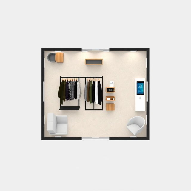 2D floor plan of a 3 meters by 3 meters booth for a minimalist and contemporary men's clothing brand