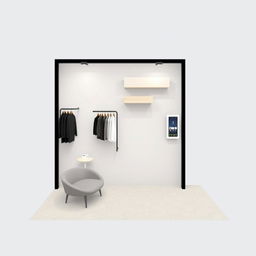 2D floor plan of a 3 meters by 3 meters booth for a minimalist and contemporary men's clothing brand