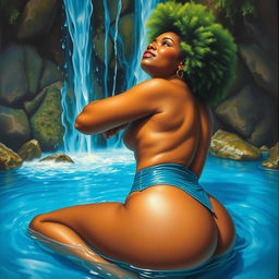 A polished, oil-based painting portraying a full nude, macro worm's-eye view of a gorgeous black woman with a bright green tree afro, beautiful breasts, and a big booty